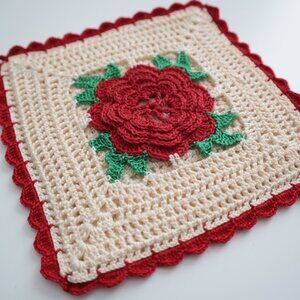 Vintage Handmade Crochet Rose Square